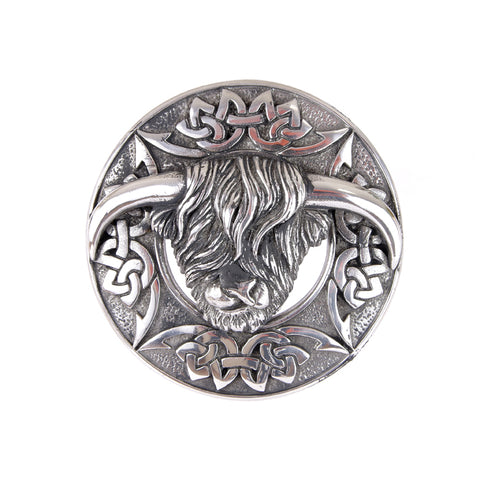 Pewter Highland Cow Fly Plaid Brooch