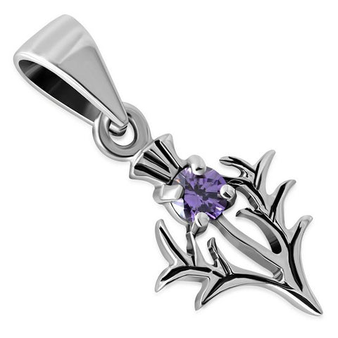 Mini Thistle with CZ Amethyst Sterling Silver Pendant