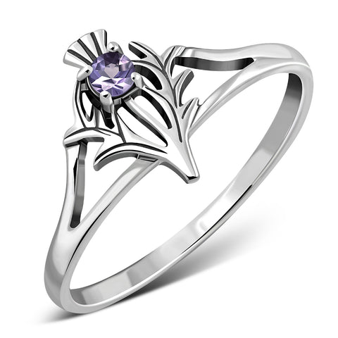 Mini Thistle with Amethyst Gemstone Sterling Silver Ring