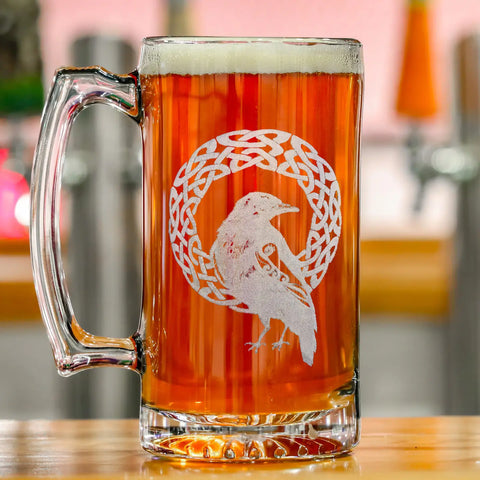 Celtic Raven Engraved Beer Tankard