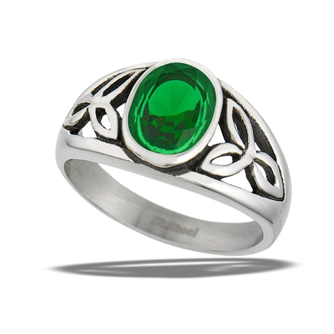 Emerald Trinity Knot Stainless Steel Ring