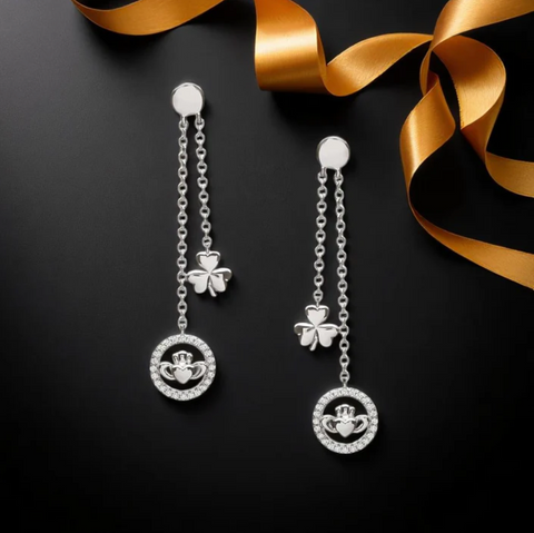 Sterling Silver Shamrock & Claddagh Drop Earrings