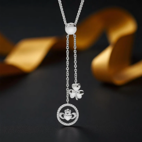 Sterling Silver Shamrock & Claddagh Lariat Necklace