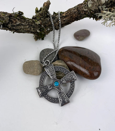 Turquoise Celtic Cross Men's Stainless Steel Necklace