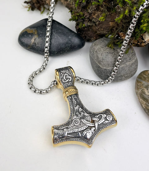 Thor's Hammer with Gold Trim Men's Stainless Steel Necklace