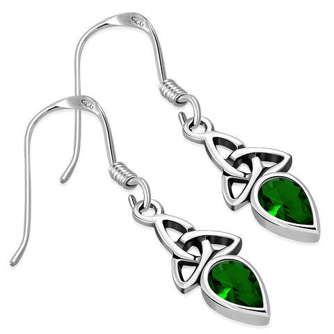 Trinity Knot with CZ Emerald Teardrop Sterling Silver Earrings