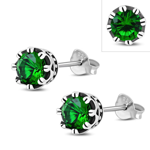 Royal Crown Emerald CZ Sterling Silver Stud Earrings
