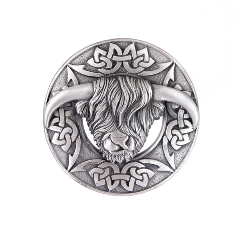 Pewter Highland Cow Fly Plaid Brooch