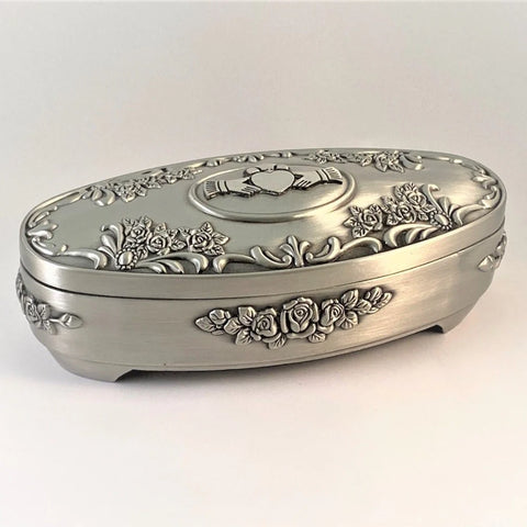 Oval Pewter Jewelry Box with Claddagh Emblem