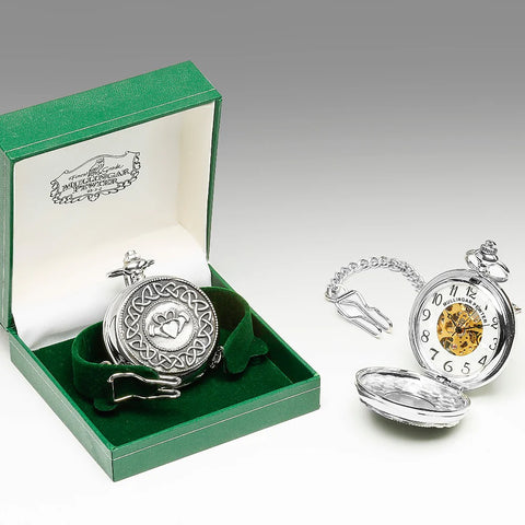 Pewter Pocket Watch with Claddagh Motif