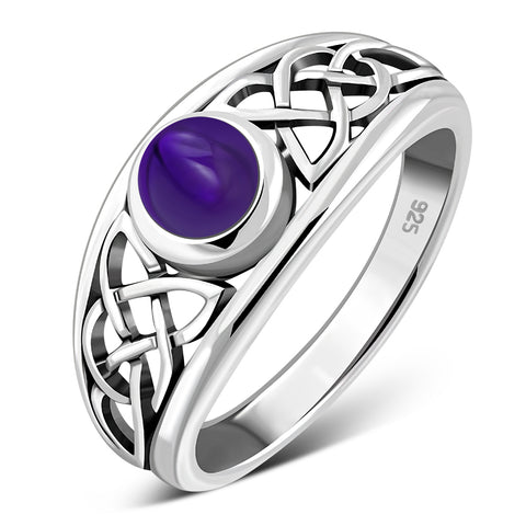 Round Celtic Knot with Amethyst Gemstone Sterling Silver Ring
