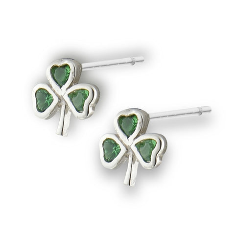 Shamrock with Synthetic Emerald Sterling Silver Stud Earrings