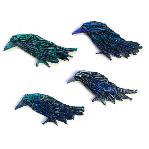 Hand Painted Plumed Raven Brooches