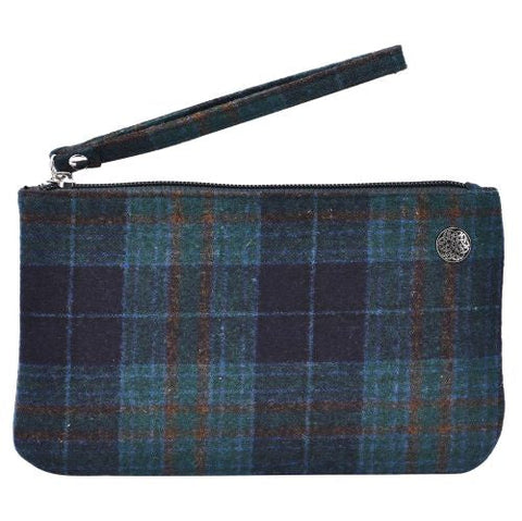 Blue Plaid Tweed Wristlet