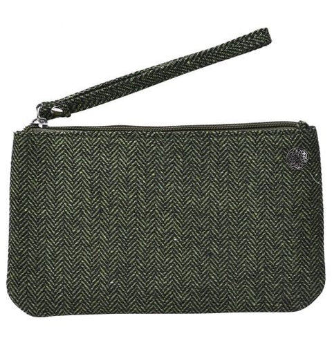 Green Herringbone Tweed Wristlet