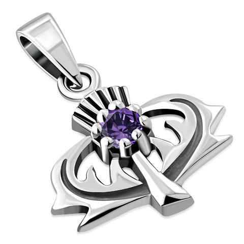 Wide Thistle with CZ Amethyst or Diamond Sterling Silver Pendant