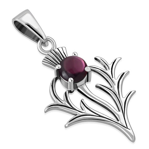 Medium Thistle with Genuine Garnet Silver Sterling Pendant